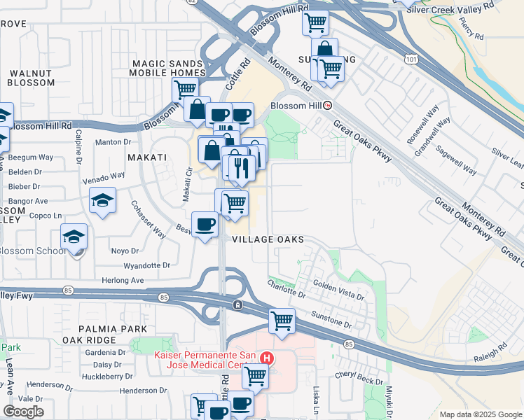 map of restaurants, bars, coffee shops, grocery stores, and more near 5700 Village Oaks Drive in San Jose