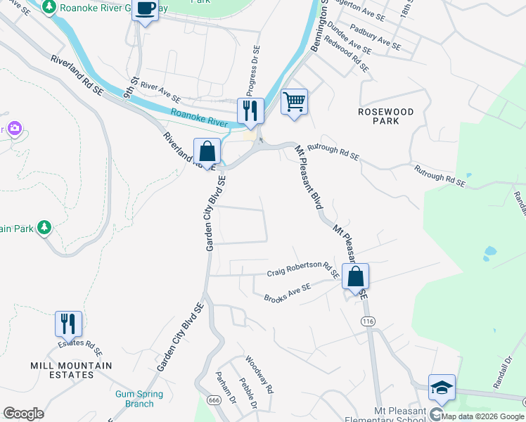 map of restaurants, bars, coffee shops, grocery stores, and more near 2328 Hall Road Southeast in Roanoke