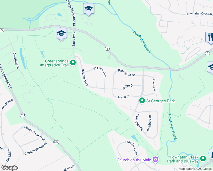 map of restaurants, bars, coffee shops, grocery stores, and more near 3983 Saint Erics Turn in Williamsburg