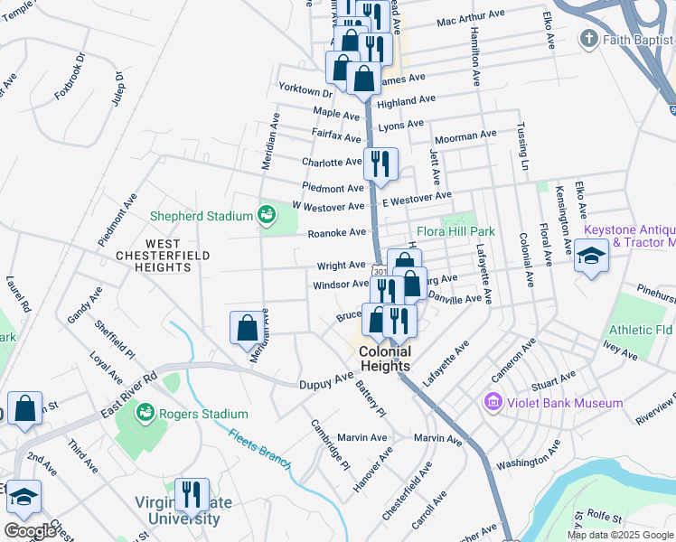 map of restaurants, bars, coffee shops, grocery stores, and more near 151 Wright Avenue in Colonial Heights