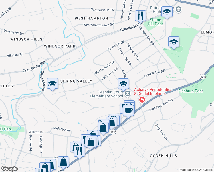 map of restaurants, bars, coffee shops, grocery stores, and more near 2728 Beverly Boulevard Southwest in Roanoke