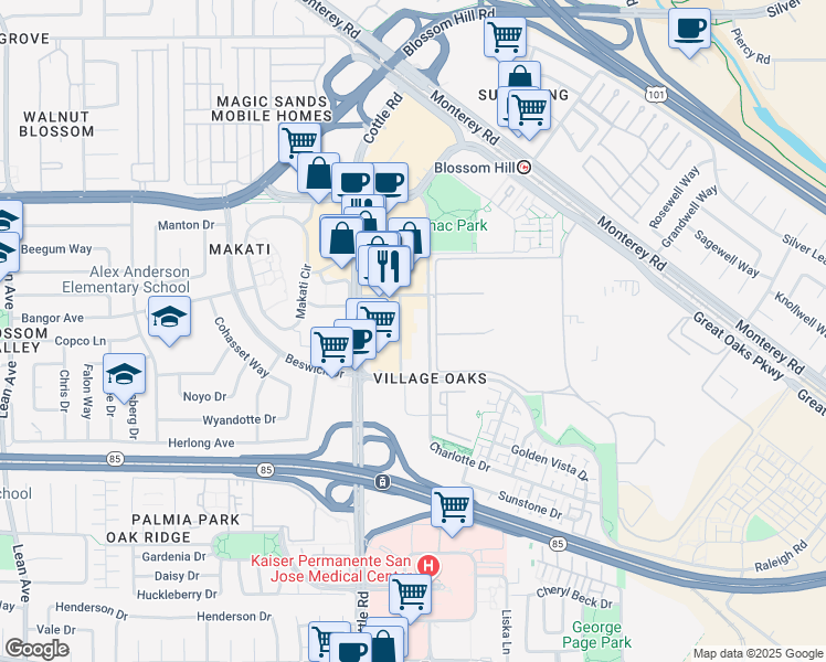 map of restaurants, bars, coffee shops, grocery stores, and more near 5700 Village Oaks Drive in San Jose