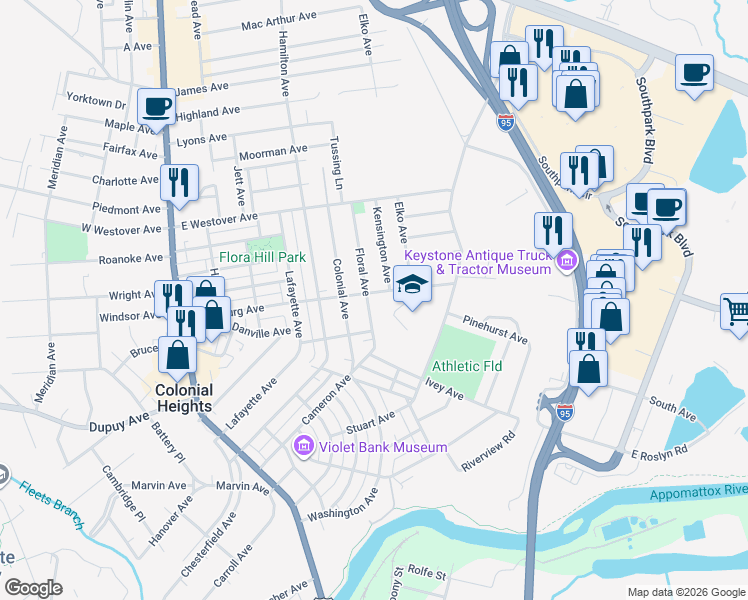 map of restaurants, bars, coffee shops, grocery stores, and more near 705 Kensington Avenue in Colonial Heights