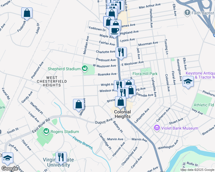 map of restaurants, bars, coffee shops, grocery stores, and more near 151 Wright Avenue in Colonial Heights