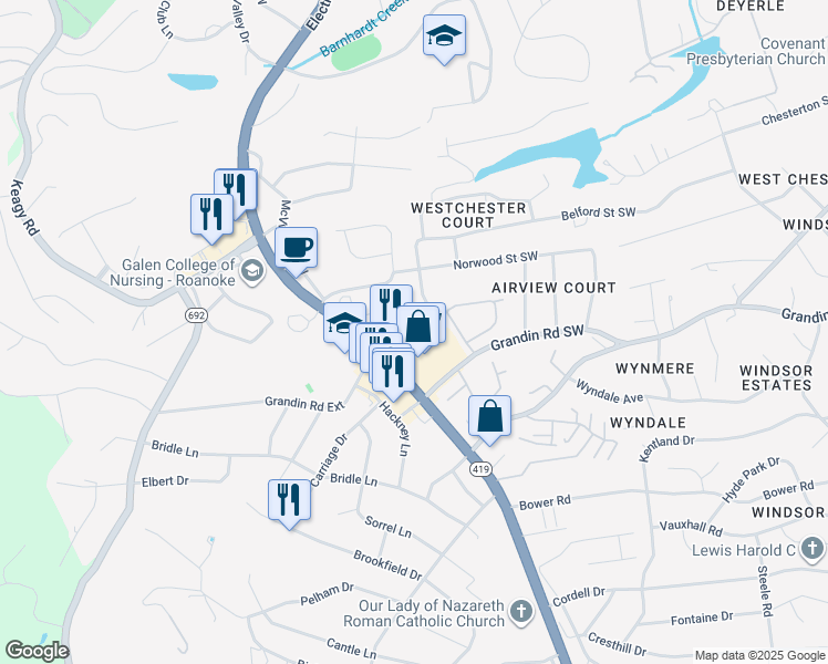 map of restaurants, bars, coffee shops, grocery stores, and more near 4920 Woodmar Drive Southwest in Roanoke