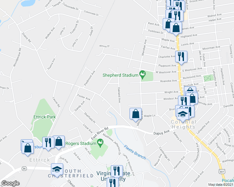 map of restaurants, bars, coffee shops, grocery stores, and more near 20014 Oakland Avenue in Colonial Heights