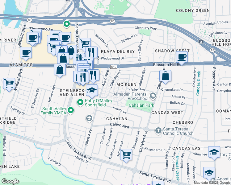 map of restaurants, bars, coffee shops, grocery stores, and more near 5684 Playa Del Rey in San Jose