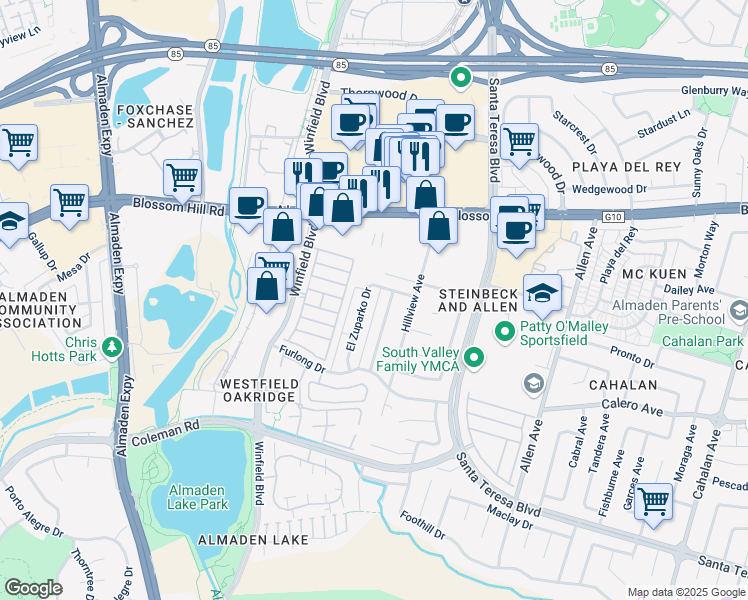 map of restaurants, bars, coffee shops, grocery stores, and more near 5803 El Zuparko Drive in San Jose