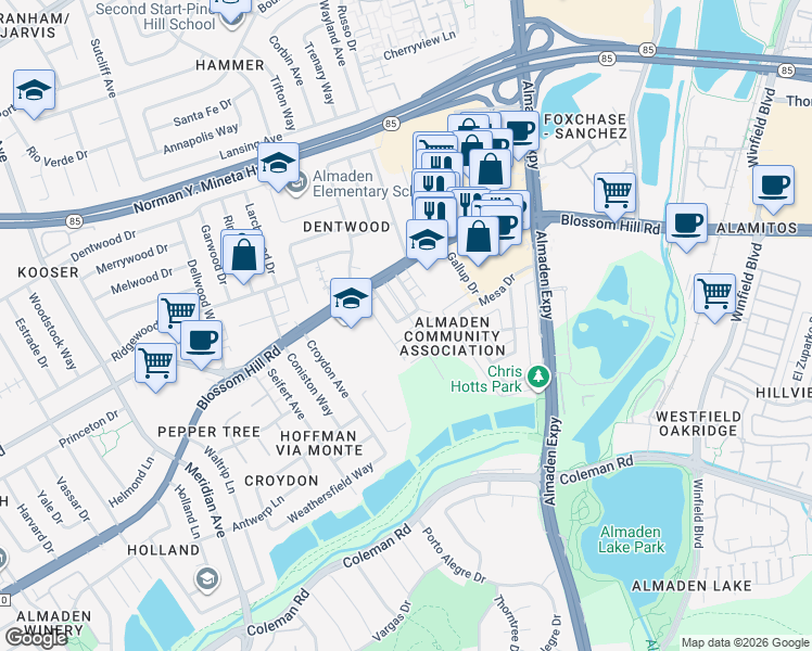 map of restaurants, bars, coffee shops, grocery stores, and more near 5679 Hoffman Court in San Jose