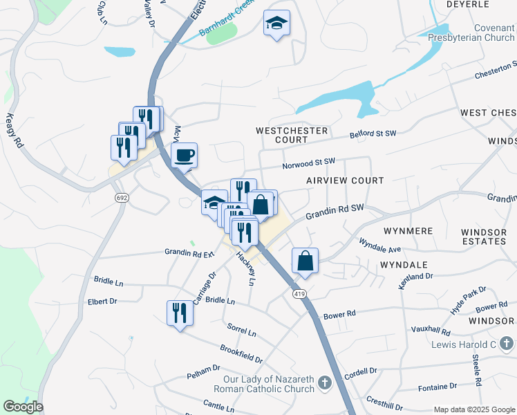 map of restaurants, bars, coffee shops, grocery stores, and more near 4915 Woodmar Drive Southwest in Roanoke