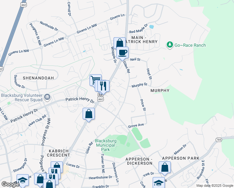 map of restaurants, bars, coffee shops, grocery stores, and more near 177 Clover Valley Circle in Blacksburg