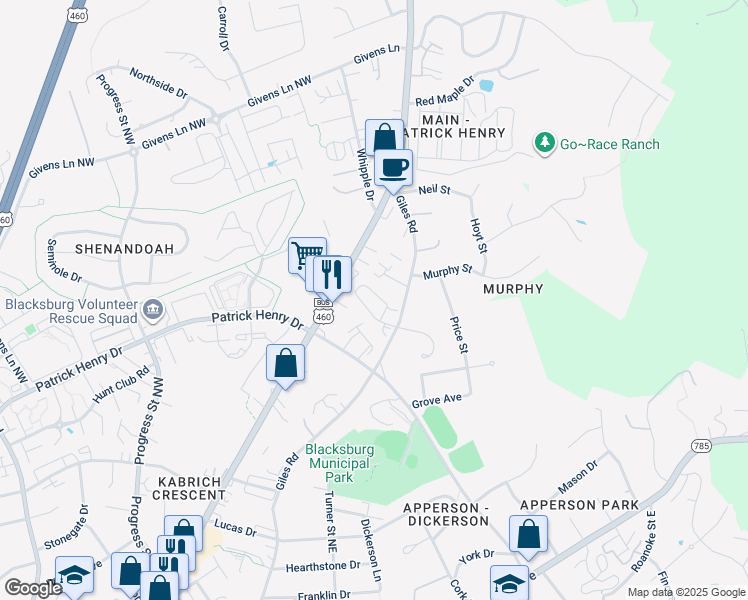 map of restaurants, bars, coffee shops, grocery stores, and more near 105 Tee Street in Blacksburg