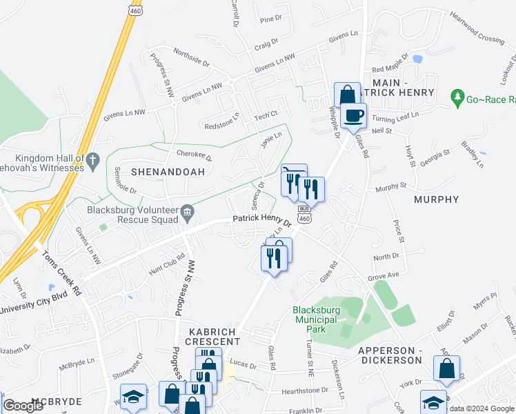map of restaurants, bars, coffee shops, grocery stores, and more near in Blacksburg