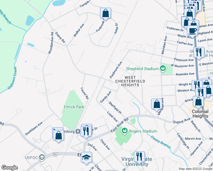 map of restaurants, bars, coffee shops, grocery stores, and more near 3412 Foster Avenue in Petersburg