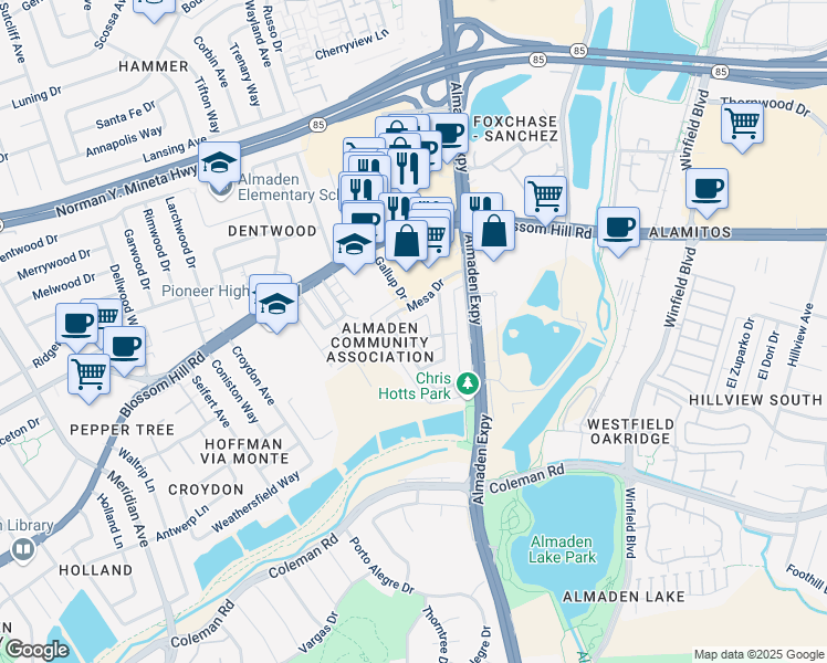 map of restaurants, bars, coffee shops, grocery stores, and more near 1171 Mesa Drive in San Jose