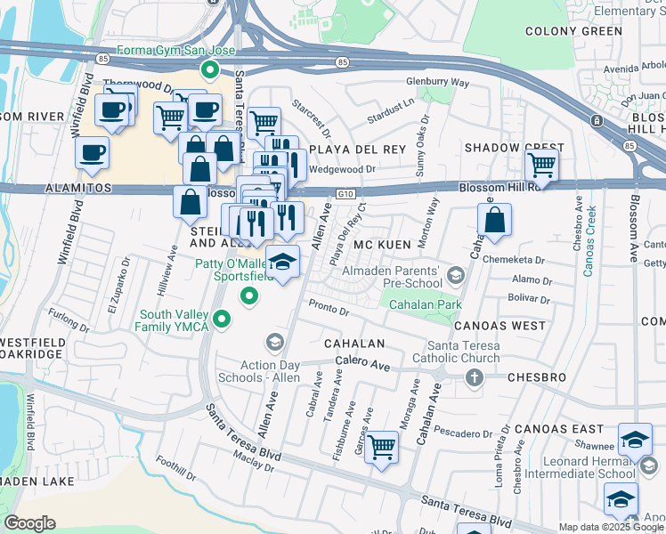 map of restaurants, bars, coffee shops, grocery stores, and more near Playa Del Rey & Warring Drive in San Jose