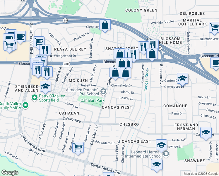 map of restaurants, bars, coffee shops, grocery stores, and more near 736 Chemeketa Court in San Jose