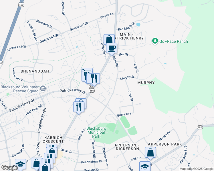 map of restaurants, bars, coffee shops, grocery stores, and more near 177 Clover Valley Circle in Blacksburg