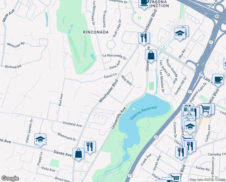 map of restaurants, bars, coffee shops, grocery stores, and more near 17274 Verdes Robles in Los Gatos
