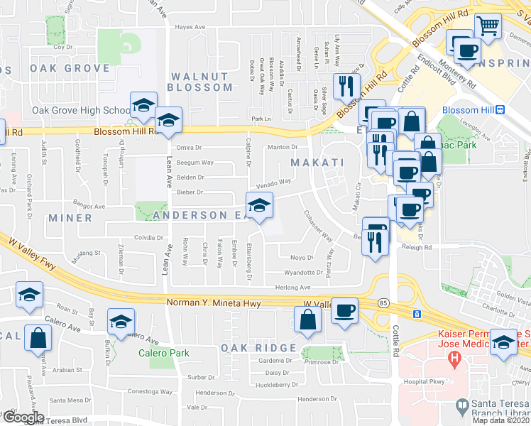 map of restaurants, bars, coffee shops, grocery stores, and more near 5800 Calpine Drive in San Jose