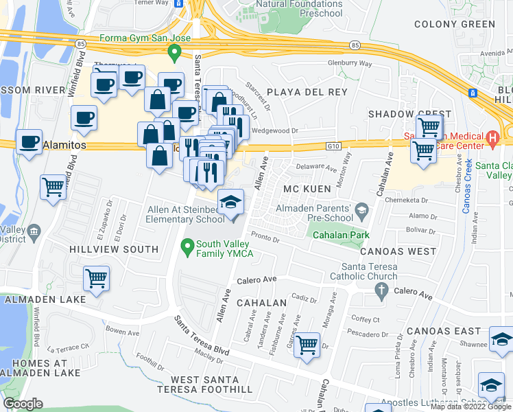 map of restaurants, bars, coffee shops, grocery stores, and more near 5730 Allen Avenue in San Jose