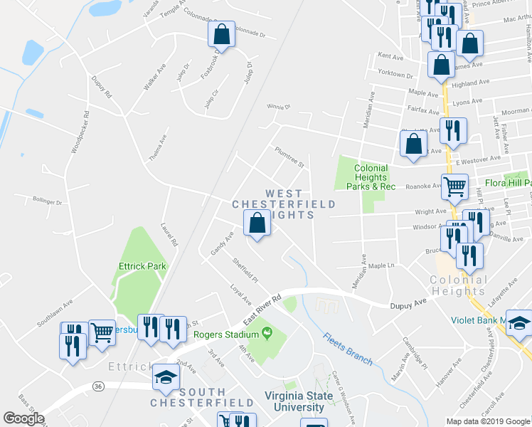 map of restaurants, bars, coffee shops, grocery stores, and more near 20018 Roosevelt Avenue in Colonial Heights