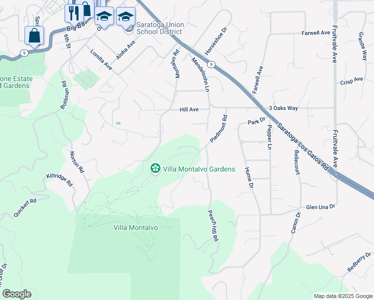 map of restaurants, bars, coffee shops, grocery stores, and more near 15195 Piedmont Road in Saratoga