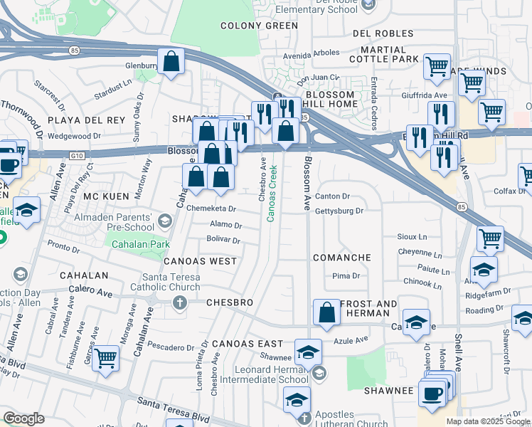 map of restaurants, bars, coffee shops, grocery stores, and more near 5746 Chesbro Avenue in San Jose