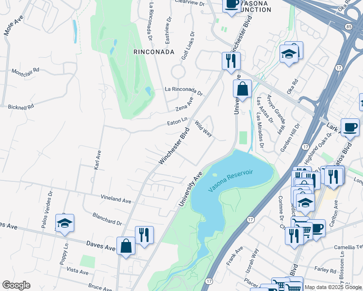 map of restaurants, bars, coffee shops, grocery stores, and more near 17274 Verdes Robles in Los Gatos