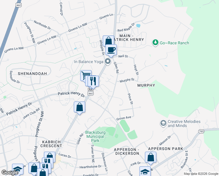 map of restaurants, bars, coffee shops, grocery stores, and more near 105 Tee Street in Blacksburg