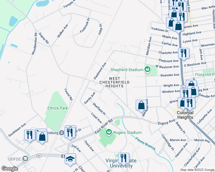 map of restaurants, bars, coffee shops, grocery stores, and more near 20018 Roosevelt Avenue in Colonial Heights