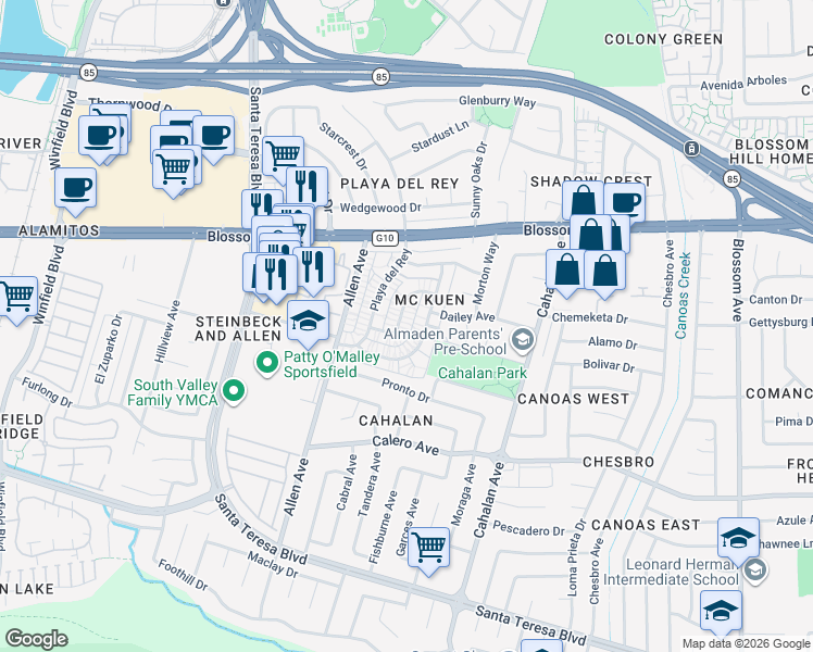 map of restaurants, bars, coffee shops, grocery stores, and more near in San Jose