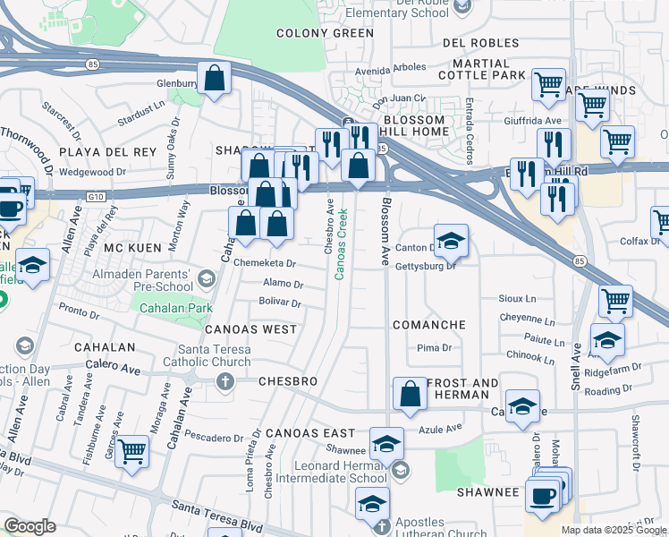map of restaurants, bars, coffee shops, grocery stores, and more near 5724 Chesbro Avenue in San Jose