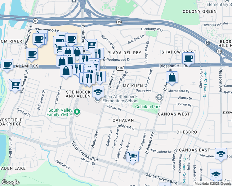 map of restaurants, bars, coffee shops, grocery stores, and more near 5684 Playa Del Rey in San Jose