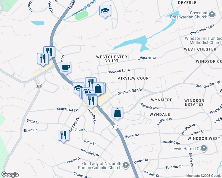 map of restaurants, bars, coffee shops, grocery stores, and more near 1984 Ashley Lane Southwest in Roanoke