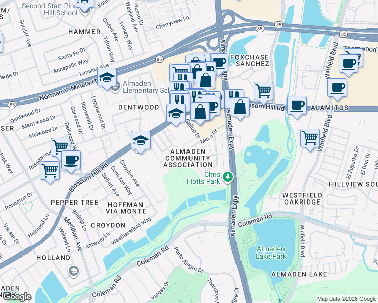 map of restaurants, bars, coffee shops, grocery stores, and more near 1171 Mesa Drive in San Jose