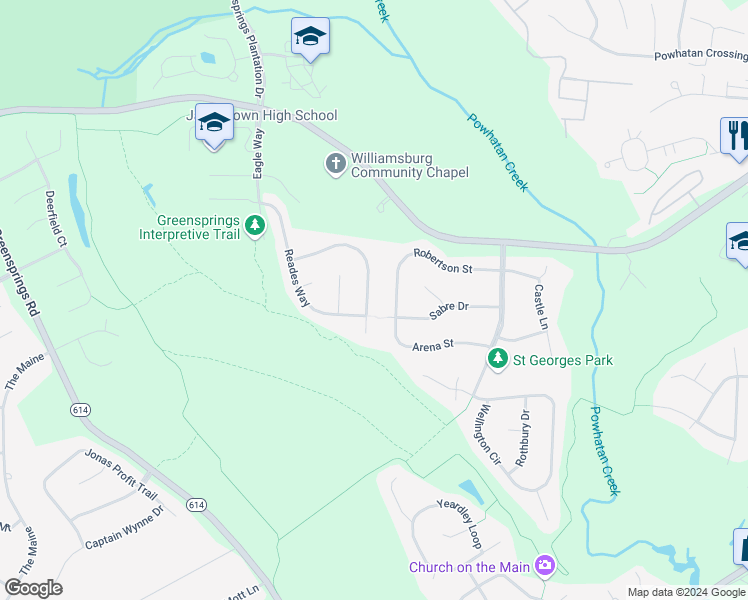 map of restaurants, bars, coffee shops, grocery stores, and more near 3979 Saint Erics Turn in Williamsburg