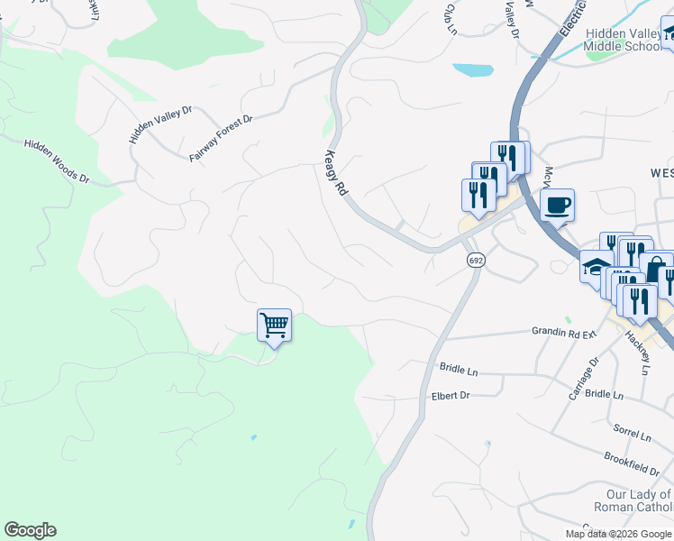 map of restaurants, bars, coffee shops, grocery stores, and more near 4801 Hickory Hill Dr in Roanoke