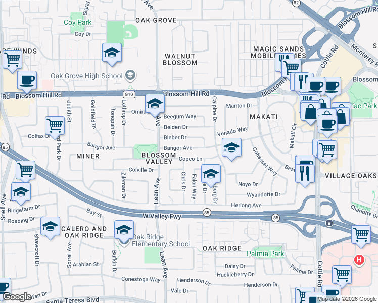 map of restaurants, bars, coffee shops, grocery stores, and more near 260 Bangor Avenue in San Jose