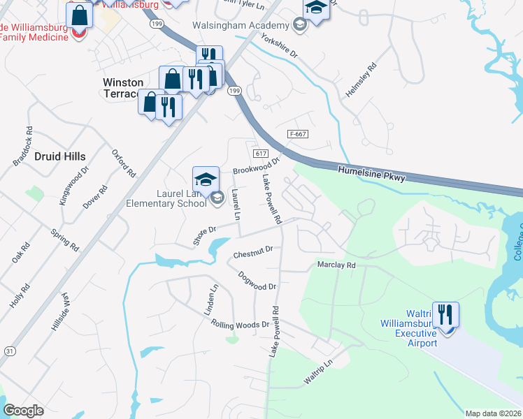 map of restaurants, bars, coffee shops, grocery stores, and more near 102 Rogers Court in Williamsburg