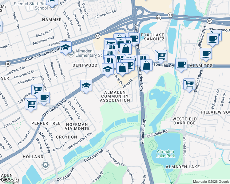 map of restaurants, bars, coffee shops, grocery stores, and more near 5653 Via Monte Drive in San Jose