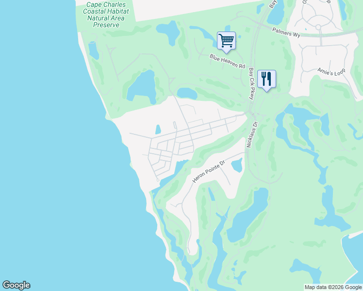 map of restaurants, bars, coffee shops, grocery stores, and more near Palmer Place in Cape Charles