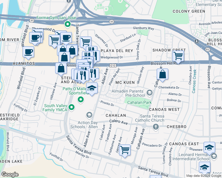 map of restaurants, bars, coffee shops, grocery stores, and more near 5684 Playa Del Rey in San Jose