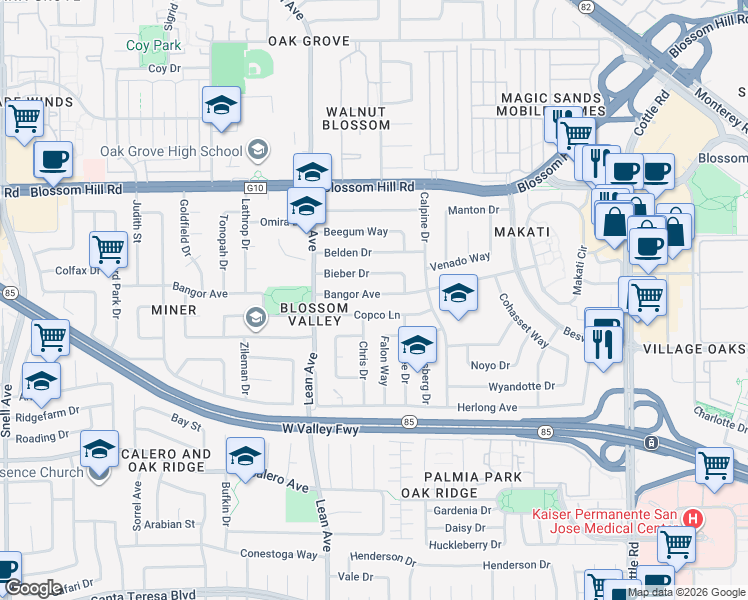 map of restaurants, bars, coffee shops, grocery stores, and more near 260 Bangor Avenue in San Jose