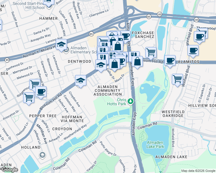 map of restaurants, bars, coffee shops, grocery stores, and more near 5653 Via Monte Drive in San Jose
