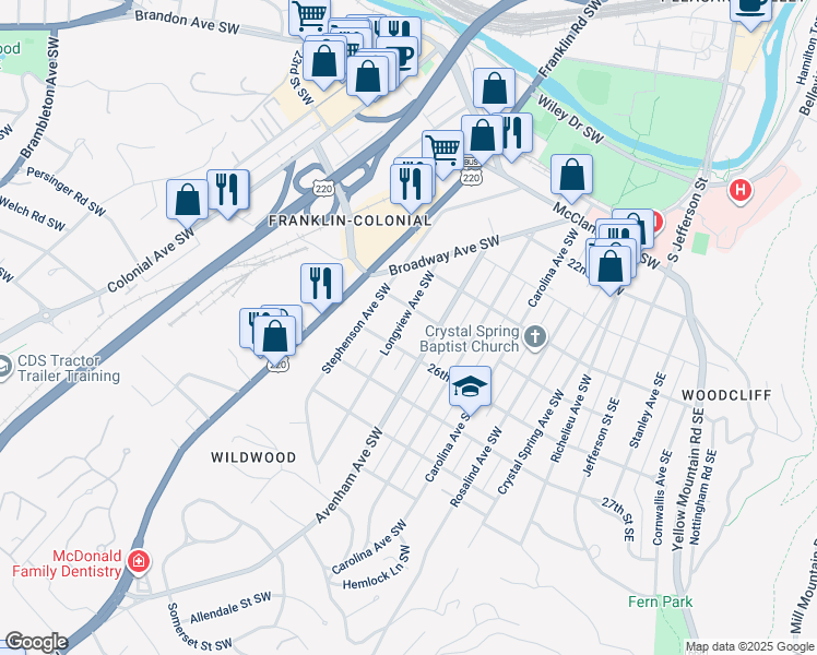 map of restaurants, bars, coffee shops, grocery stores, and more near 2516 Longview Avenue Southwest in Roanoke