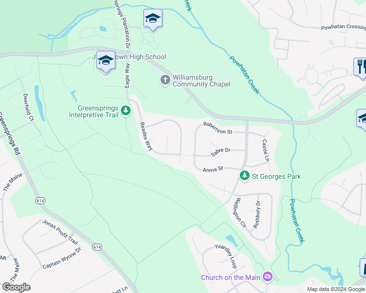 map of restaurants, bars, coffee shops, grocery stores, and more near 3979 Saint Erics Turn in Williamsburg