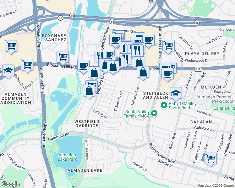 map of restaurants, bars, coffee shops, grocery stores, and more near 5803 El Zuparko Drive in San Jose