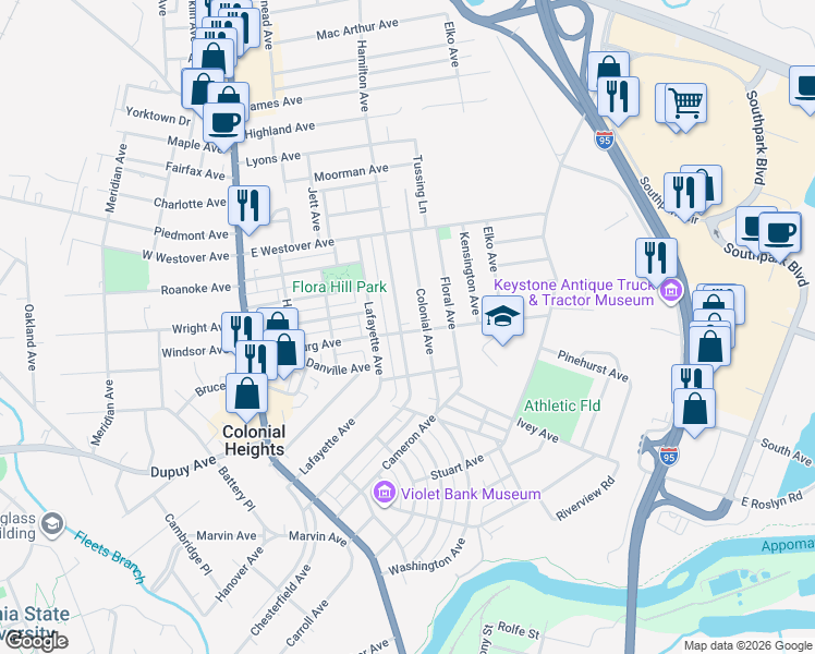 map of restaurants, bars, coffee shops, grocery stores, and more near 715 Hamilton Avenue in Colonial Heights