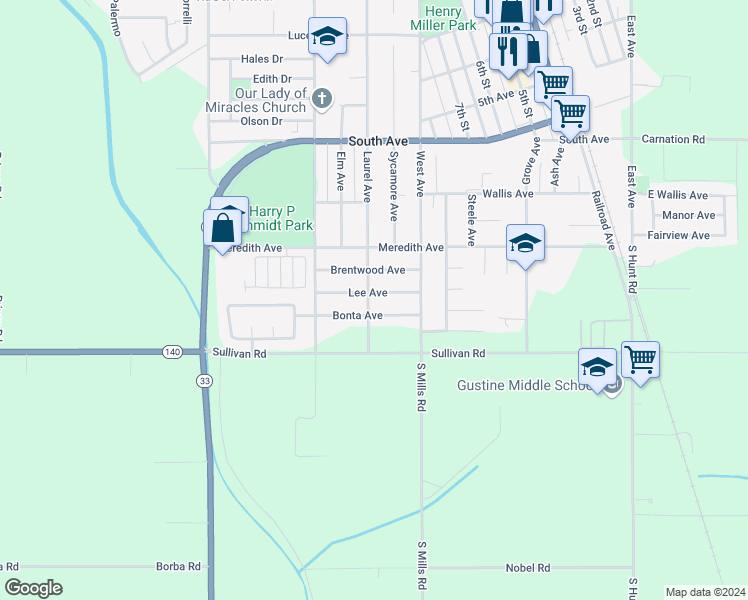 map of restaurants, bars, coffee shops, grocery stores, and more near 1080 Lee Avenue in Gustine